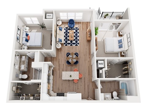 Floor plan for 2 beds, 2 baths, 1164 sqft